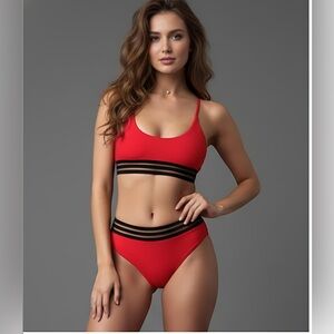 Red Contrast Mesh High Waisted Bikini Swimsuit